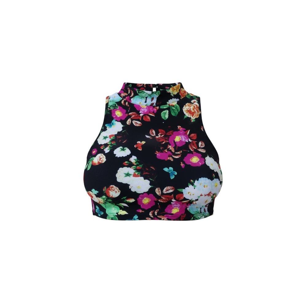 Obsession Crop Top Womens Medium Black Floral Mock Neck Keyhole Sleeveless